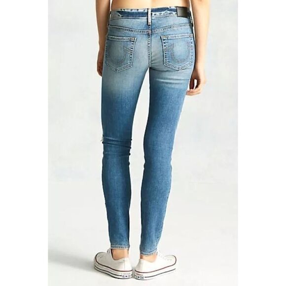 True Religion Casey Super Skinny Low Rise Distressed Gold Sequin Blue Jean 26 - Picture 3 of 11